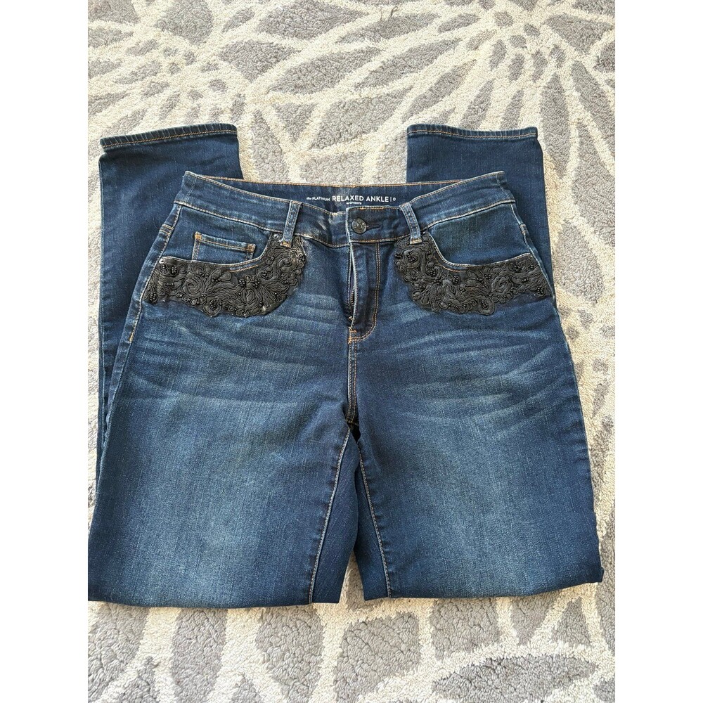 Chicos the Platinum Relaxed Ankle Black Embellished Lace Blue Jeans